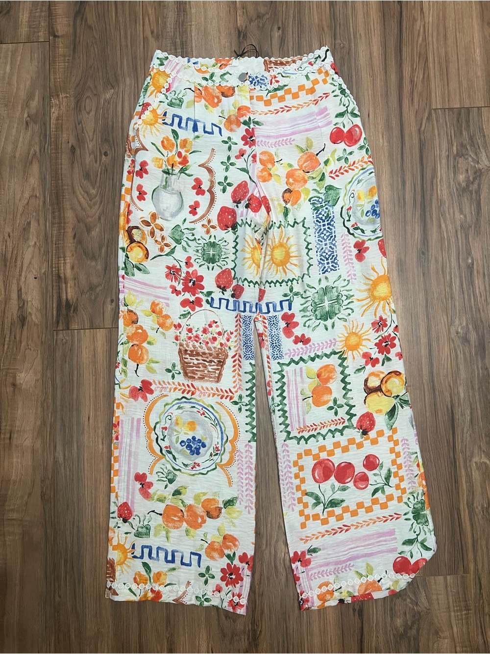 Dee Elly Cherry Farmers Market Fruit Print Wide Leg Lined Pants M NWT